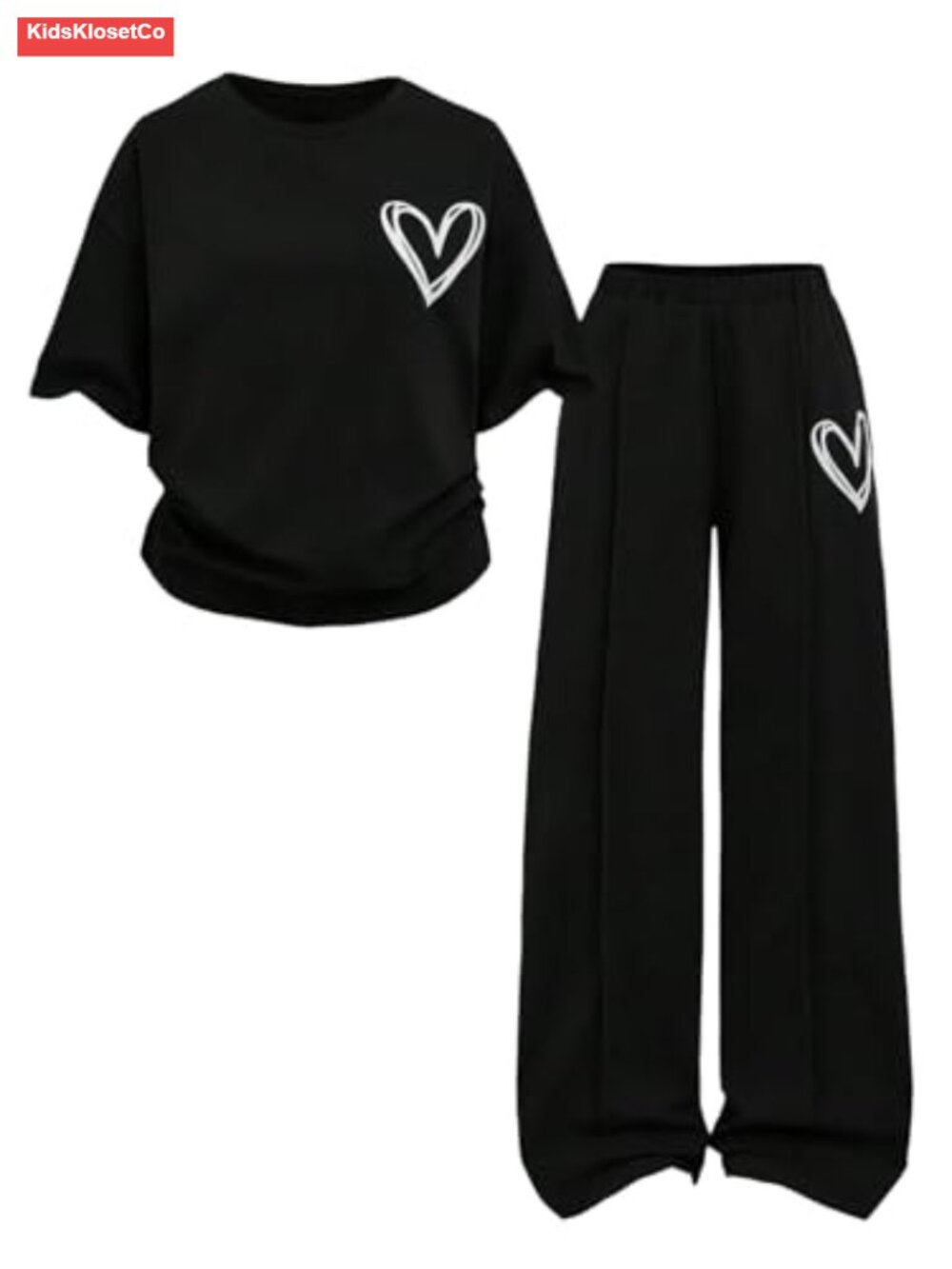 Girls 2pc Oversized Tee & Long Pants Set Heart Print Polyester